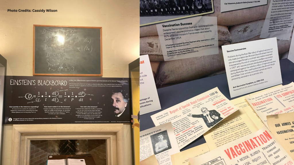 Interior of the History of Science Museum displaying Einstein's blackboard alongside old marketing materials discussing vaccinations during the early 1900s wartime.