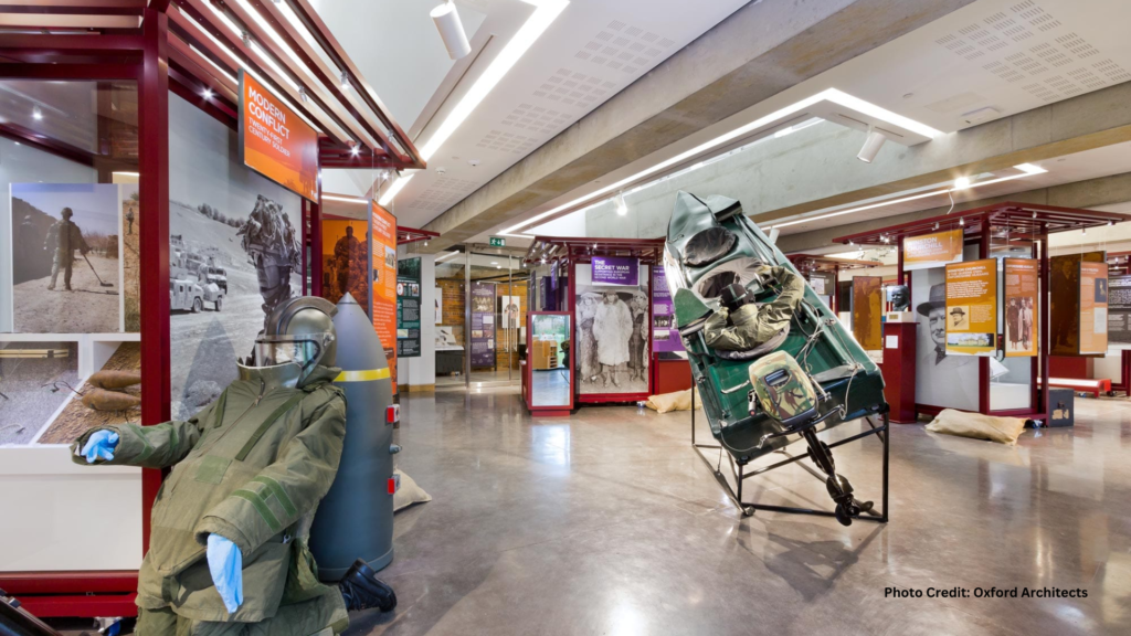 Interior of an exhibit room at The Oxfordshire Museum, showcasing the soldier exhibit with historical military artifacts.