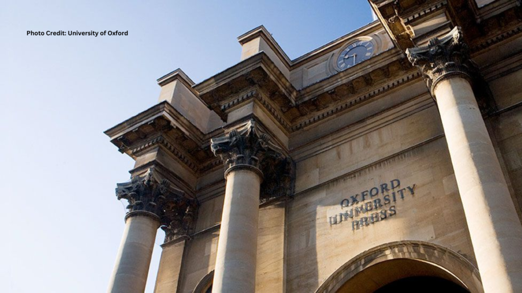 Exterior view of the historic Oxford University Press building, showcasing its impressive architecture and iconic facade in Oxford, England.